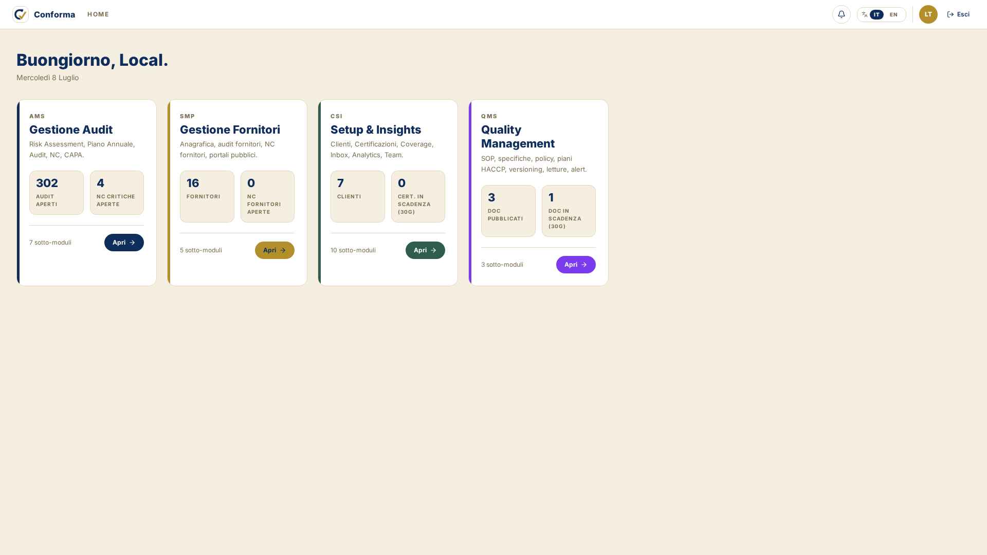 Homepage con 4 macro card: AMS, SMP, CSI, QMS