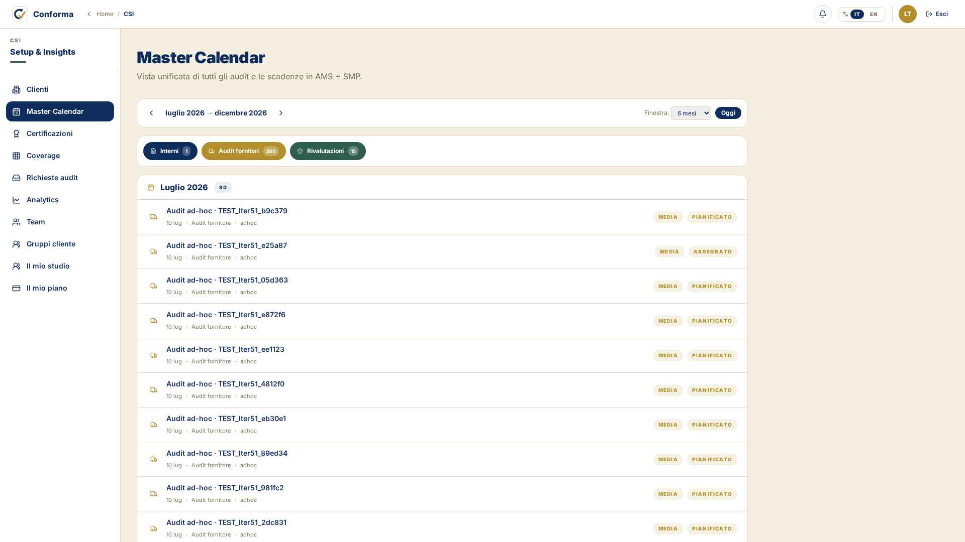 Master Calendar · audit interni + fornitori
